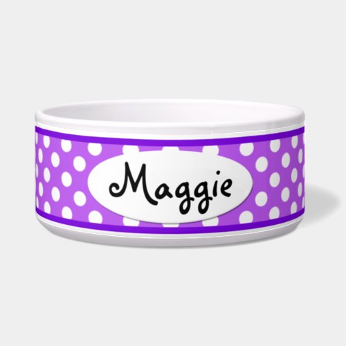 Purple Polka Dot Personalized Ceramic Dog Bowl