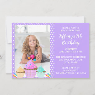 Purple Polka Dot Photo Birthday Invitation