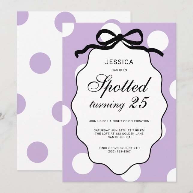 Purple Polka Dot Spotted Turning 25th Birthday Invitation (Front/Back)