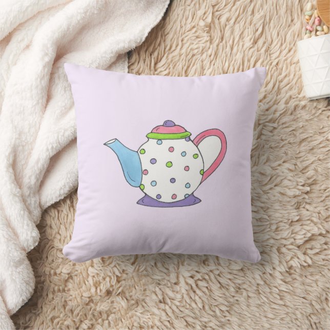 Purple Polka Dot Tea Party Pot Teapot Design Throw Pillow (Blanket)