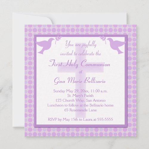 Purple Polka Dots First Holy Communion Invitation