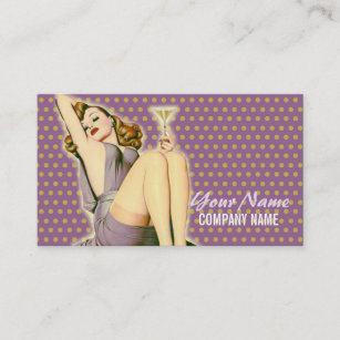 purple polka dots martini rockabilly pin up girl business card