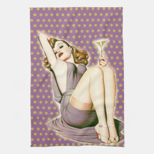 purple polka dots martini rockabilly pin up girl towel