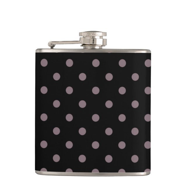 Purple polka dots on black hip flask (Front)