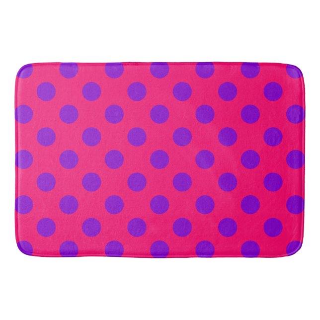 Purple polka dots on cerise bathroom mat (Front)