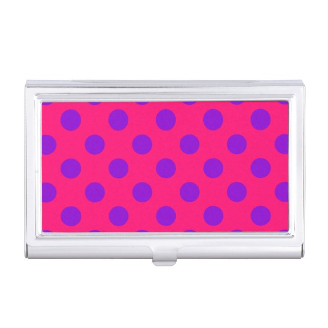 Purple polka dots on cerise business card case (Front)