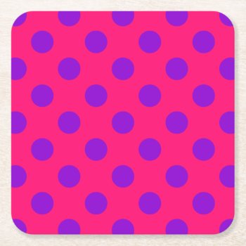 Purple Polka Dots On Cerise Square Paper Coaster by FarmingBackwards at Zazzle