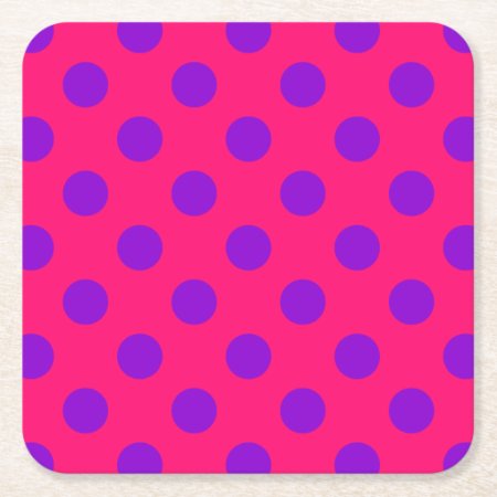 Purple Polka Dots On Cerise Square Paper Coaster