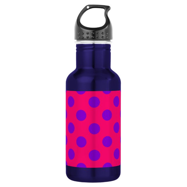 Purple polka dots on cerise stainless steel water bottle (Front)
