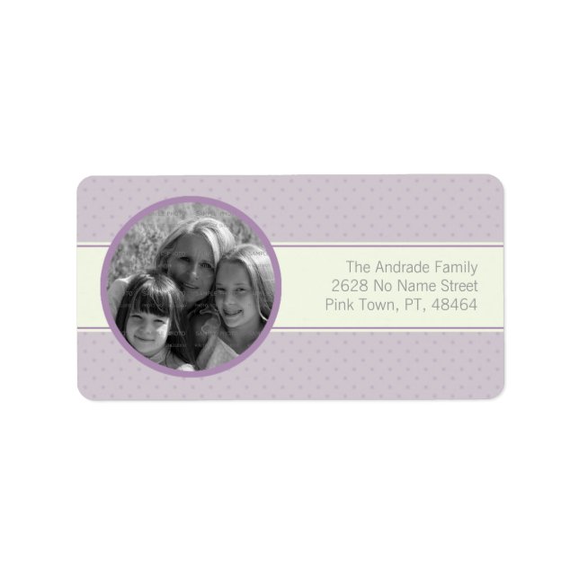 Purple Polka Dots Photo Horizontal White Stripe Label (Front)