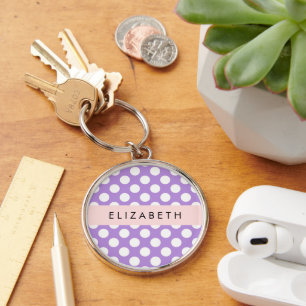 Purple Polka Dots, Polka Dot Pattern, Your Name Keychain