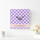 Purple Polka Dots, Polka Dot Pattern, Your Name Square Wall Clock<br><div class="desc">Cute,  fun and adorable polka dot pattern in purple and white color. Modern and trendy gift,  perfect for the polka dots lover in your life. Personalize by adding your name,  nickname,  monogram or initials.</div>