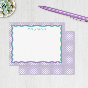Purple Polka Dots & Wavy Frame Add Name Note Card