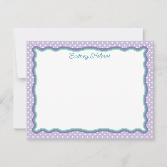 Purple Polka Dots & Wavy Frame Add Name Note Card (Front)