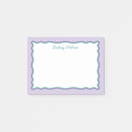 Purple Polka Dots & Wavy Frame Add Name Post-it Notes