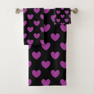 Purple polka hearts on black bath towel set