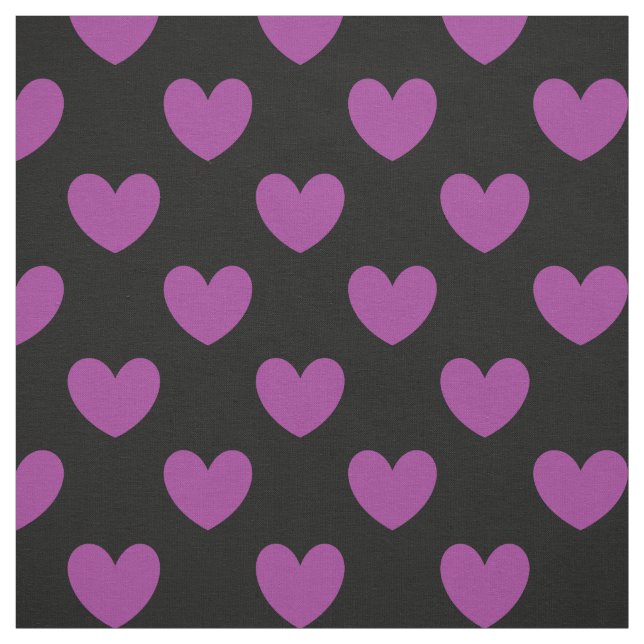 Purple polka hearts on black fabric (Swatch)