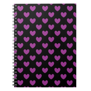 Purple polka hearts on black notebook