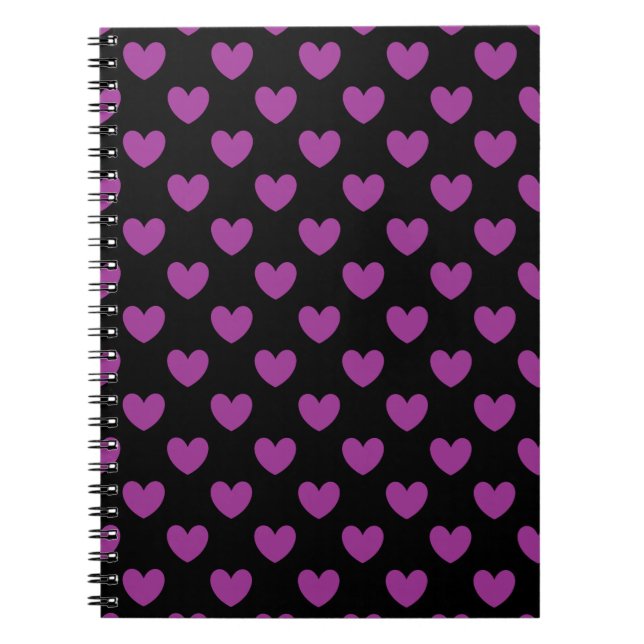 Purple polka hearts on black notebook (Front)