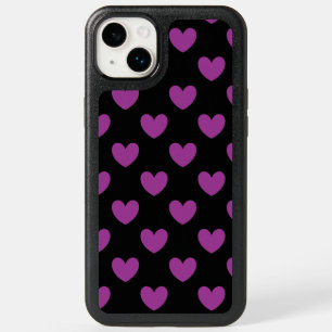 Purple polka hearts on black OtterBox iPhone 14 plus case