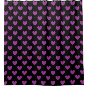 Purple polka hearts on black shower curtain