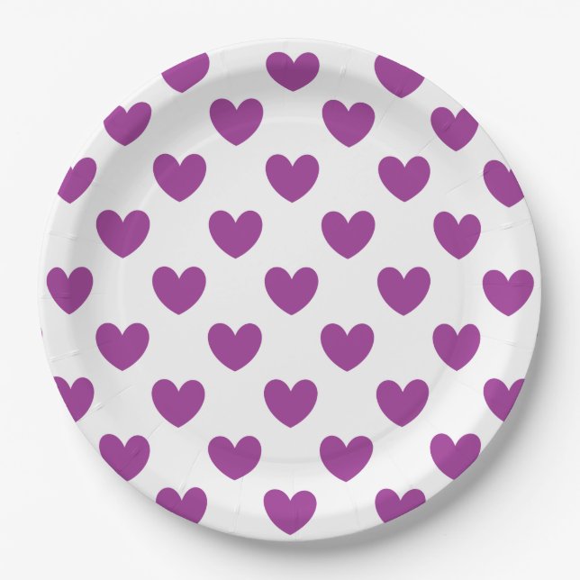 Purple polka hearts on white paper plates (Front)