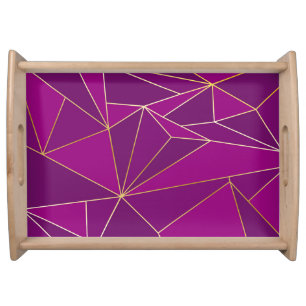 Purple Polygon Art: Gold Line Geometric Background Serving Tray