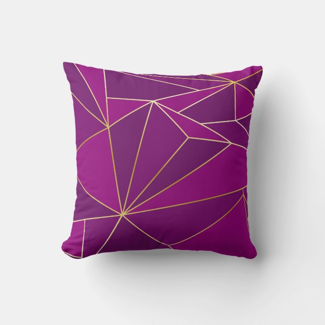 Purple Polygon Art: Gold Line Geometric Background Throw Pillow (Front)