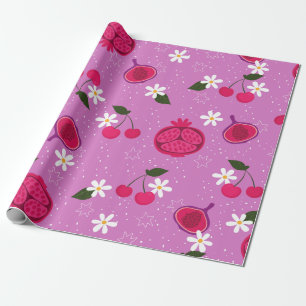 purple pomegranate fruit cherry floral daisy wrapping paper