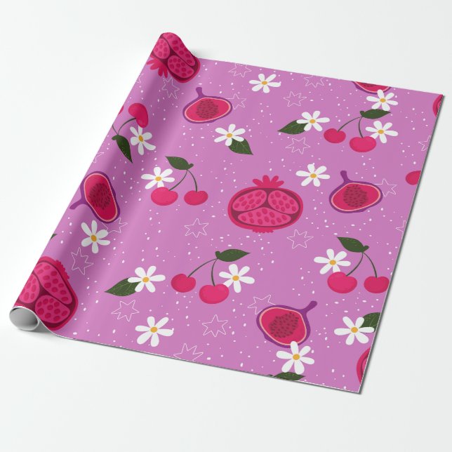 purple pomegranate fruit cherry floral daisy wrapping paper (Unrolled)