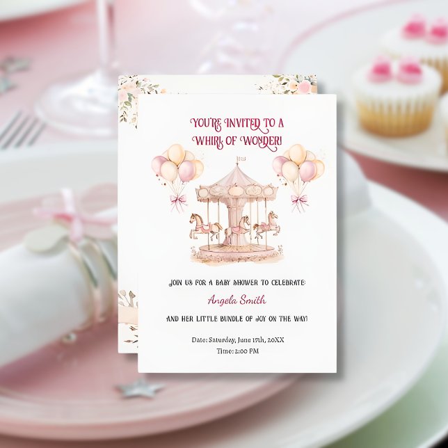 Purple Pony Dreams-Minimalist Baby Invitation (minimalist-baby-girl-shower-pink-horse-carousel)