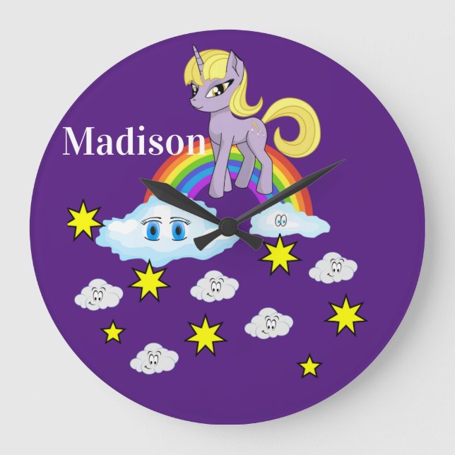 Purple Pony Rainbow Happy Clouds Stars Clock (Front)