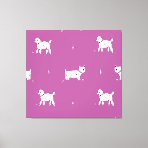 Purple Poodle Monochrome Retro Pattern Canvas Print