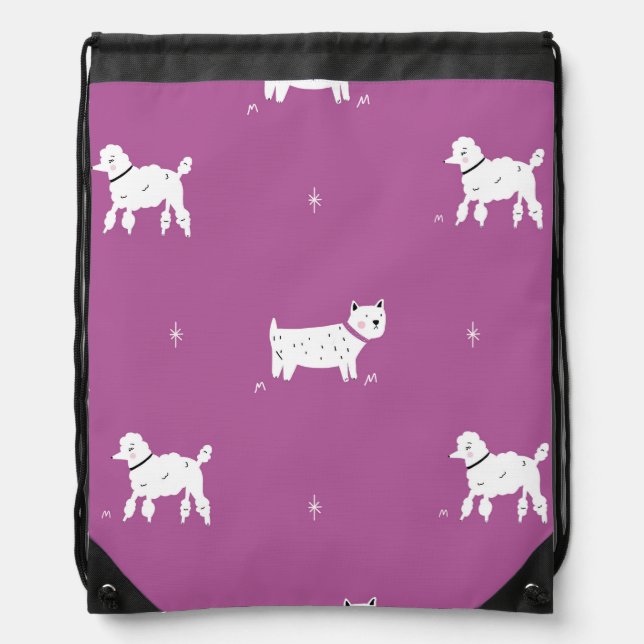 Purple Poodle: Monochrome Retro Pattern Drawstring Bag (Front)