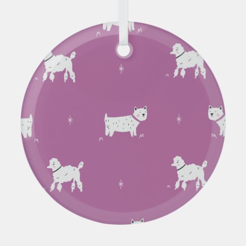 Purple Poodle Monochrome Retro Pattern Glass Ornament