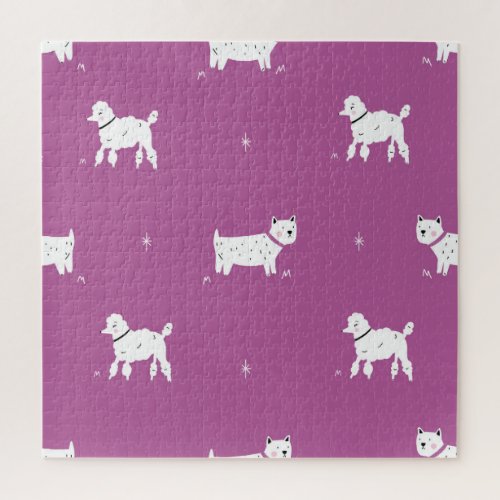 Purple Poodle Monochrome Retro Pattern Jigsaw Puzzle