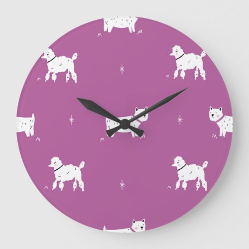 Purple Poodle Monochrome Retro Pattern Large Clock
