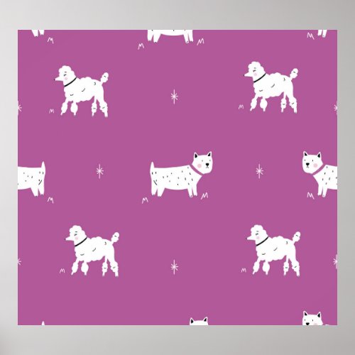 Purple Poodle Monochrome Retro Pattern Poster