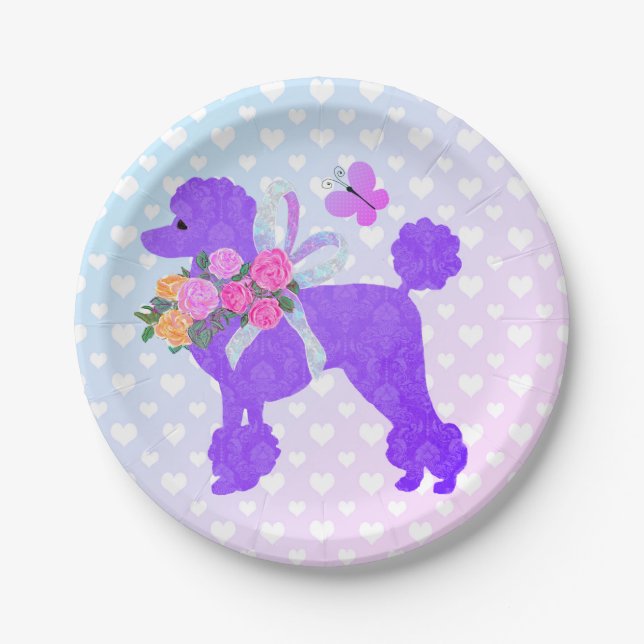 Purple Poodle Party Girls Birthday Paper Plates (Front)