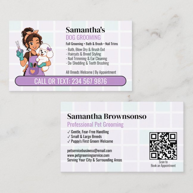 Purple Poodle Winking Groomer Girl QR Dog Grooming Business Card