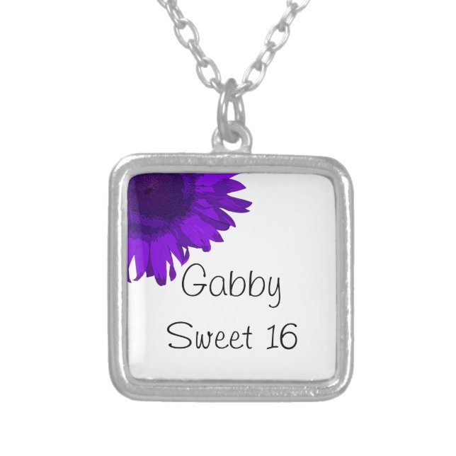 Purple Pop Art Flower Sweet 16 Birthday Silver Plated Necklace (Front)