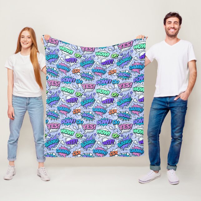 Purple PopArt Words Fleece Blanket (In Situ)