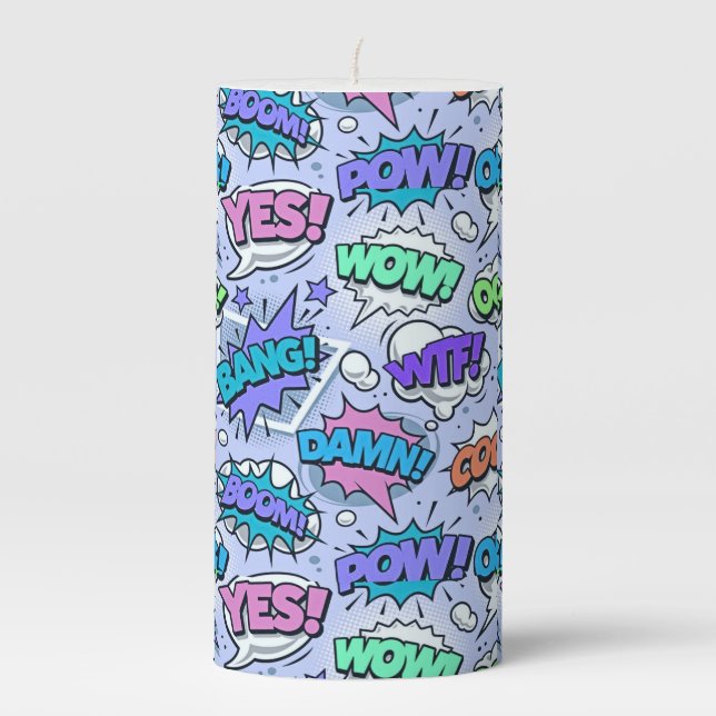 Purple PopArt Words Pillar Candle (Front)