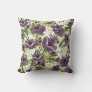 Purple Poppies in Green Mellow Garden Throw Pillow