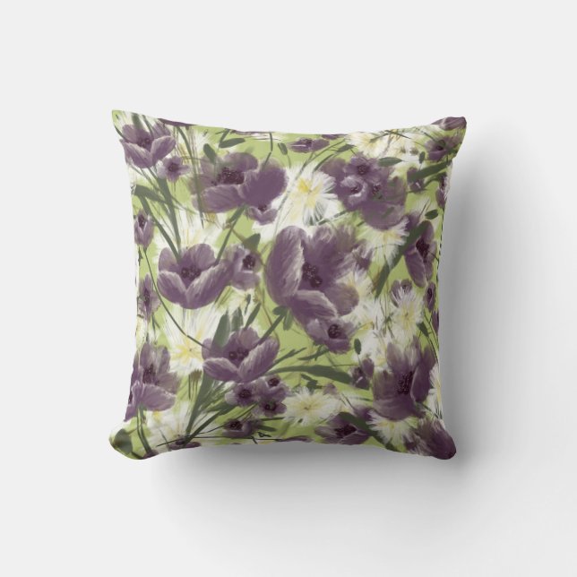 Purple Poppies in Green Mellow Garden Throw Pillow (Front)