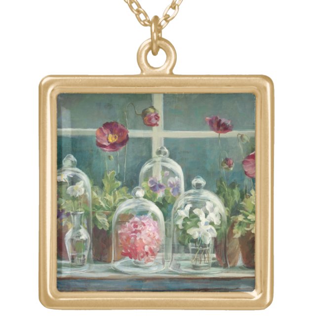 Purple Poppies on a Windowsill Gold Plated Necklace (Front)