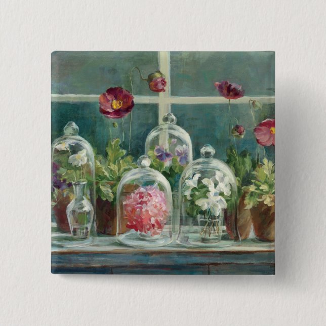 Purple Poppies on a Windowsill Pinback Button (Front)