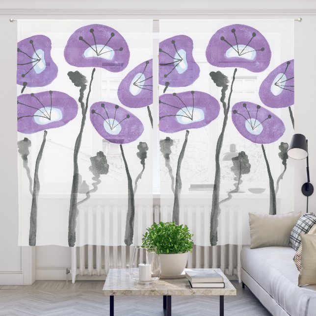 Purple Poppies Sheer Curtains (Living Room)