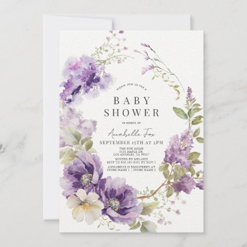 Purple Poppy  Lilac Floral Baby Shower Invitation