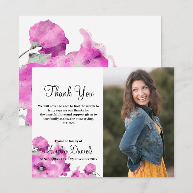 Purple Poppy Photo In Memory Thank You Card (Front/Back)